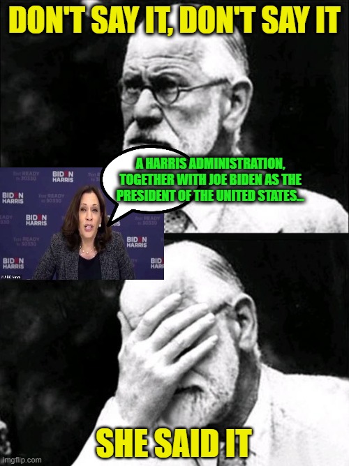 Freudian Slip | DON'T SAY IT, DON'T SAY IT; A HARRIS ADMINISTRATION, TOGETHER WITH JOE BIDEN AS THE PRESIDENT OF THE UNITED STATES... SHE SAID IT | image tagged in kamala harris,sigmund freud,joe biden | made w/ Imgflip meme maker