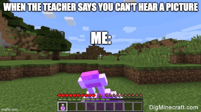 Can't hear a picture | WHEN THE TEACHER SAYS YOU CAN'T HEAR A PICTURE; ME: | image tagged in minecraft | made w/ Imgflip meme maker