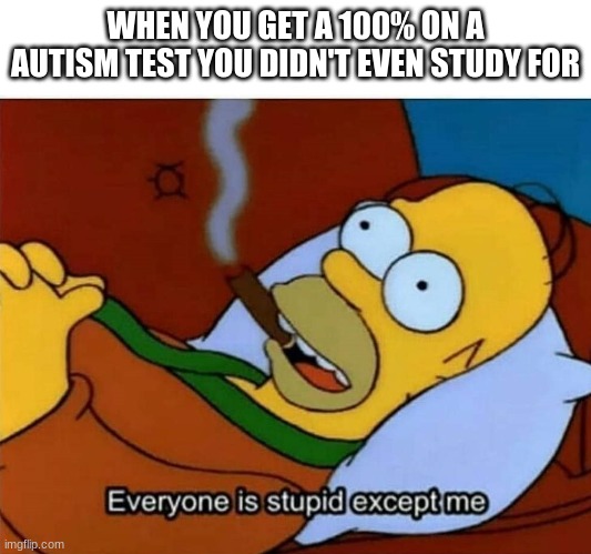 smort | WHEN YOU GET A 100% ON A AUTISM TEST YOU DIDN'T EVEN STUDY FOR | image tagged in everyone is stupid except me | made w/ Imgflip meme maker