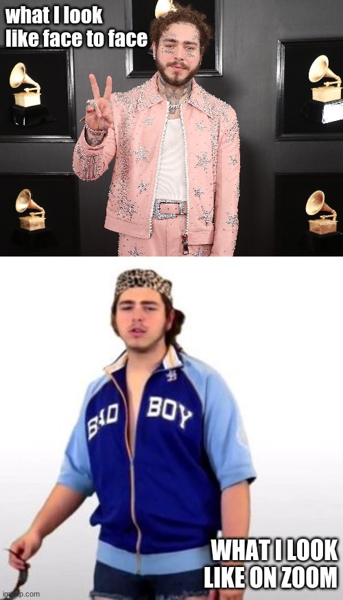 online learning | what I look like face to face; WHAT I LOOK LIKE ON ZOOM | image tagged in post malone | made w/ Imgflip meme maker