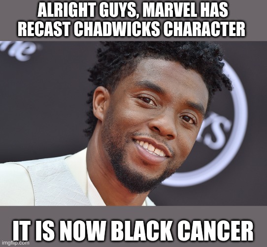 can't wait for this character | ALRIGHT GUYS, MARVEL HAS RECAST CHADWICKS CHARACTER; IT IS NOW BLACK CANCER | image tagged in offensive | made w/ Imgflip meme maker