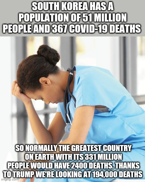 Times 81! Let that sink in. | SOUTH KOREA HAS A POPULATION OF 51 MILLION PEOPLE AND 367 COVID-19 DEATHS; SO NORMALLY THE GREATEST COUNTRY ON EARTH WITH ITS 331 MILLION PEOPLE WOULD HAVE 2400 DEATHS. THANKS TO TRUMP WE'RE LOOKING AT 194,000 DEATHS | image tagged in memes,covid-19,donald trump,disaster | made w/ Imgflip meme maker