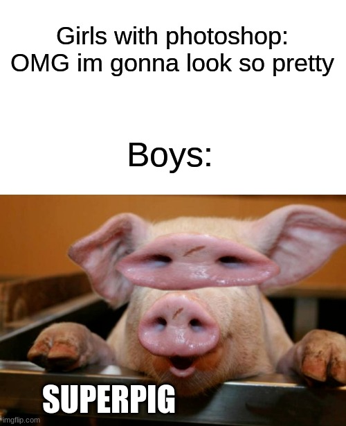 Boys with photoshop |  Girls with photoshop: OMG im gonna look so pretty; Boys:; SUPERPIG | image tagged in transparent | made w/ Imgflip meme maker