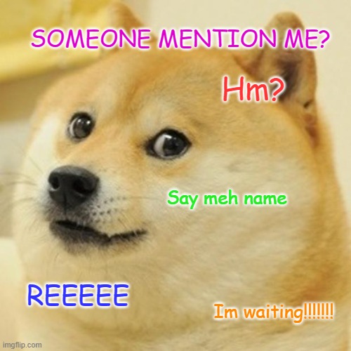 Say meh name | SOMEONE MENTION ME? Hm? Say meh name; REEEEE; Im waiting!!!!!!! | image tagged in memes,doge | made w/ Imgflip meme maker