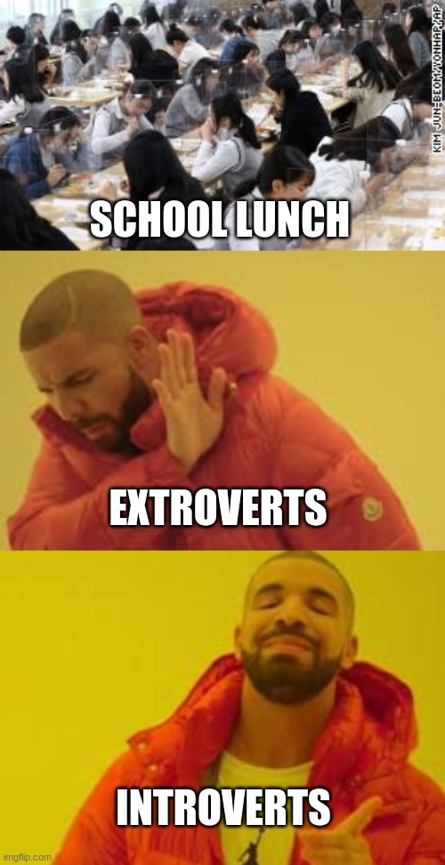 This is the facts | SCHOOL LUNCH; EXTROVERTS; INTROVERTS | image tagged in drake hotline bling,coronavirus,school lunch | made w/ Imgflip meme maker