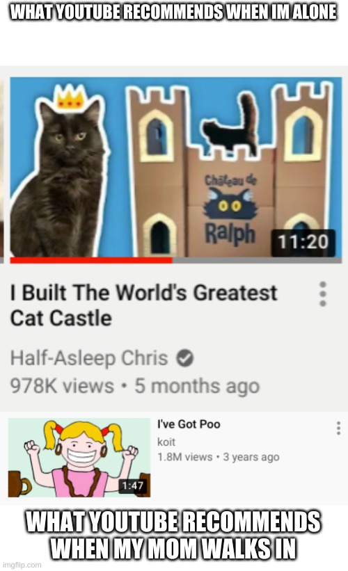 Youtube. | WHAT YOUTUBE RECOMMENDS WHEN IM ALONE; WHAT YOUTUBE RECOMMENDS WHEN MY MOM WALKS IN | image tagged in when my mom walks in,youtube,half asleep chris,poop,poopies,so true memes | made w/ Imgflip meme maker
