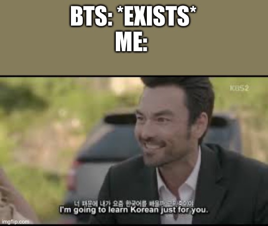 I’m seriously learning Korean for them | BTS: *EXISTS*
ME: | made w/ Imgflip meme maker