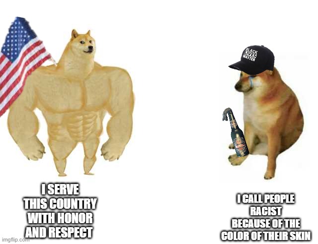Buff Doge vs. Cheems | I CALL PEOPLE RACIST BECAUSE OF THE COLOR OF THEIR SKIN; I SERVE THIS COUNTRY WITH HONOR AND RESPECT | image tagged in racism,blue lives matter,donald trump,trump2020,blm,funny | made w/ Imgflip meme maker