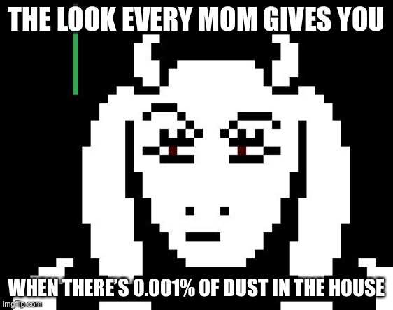 Is this not true? | THE LOOK EVERY MOM GIVES YOU; WHEN THERE’S 0.001% OF DUST IN THE HOUSE | image tagged in undertale - toriel | made w/ Imgflip meme maker