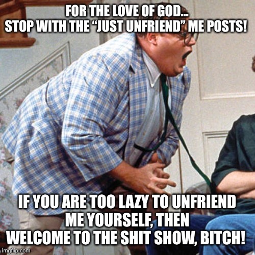 Just Unfriend Me | FOR THE LOVE OF GOD...
STOP WITH THE “JUST UNFRIEND” ME POSTS! IF YOU ARE TOO LAZY TO UNFRIEND
ME YOURSELF, THEN WELCOME TO THE SHIT SHOW, BITCH! | image tagged in chris farley for the love of god | made w/ Imgflip meme maker