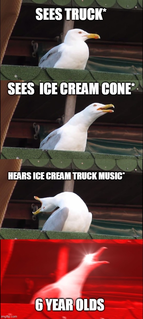 Inhaling Seagull Meme | SEES TRUCK*; SEES  ICE CREAM CONE*; HEARS ICE CREAM TRUCK MUSIC*; 6 YEAR OLDS | image tagged in memes,inhaling seagull | made w/ Imgflip meme maker