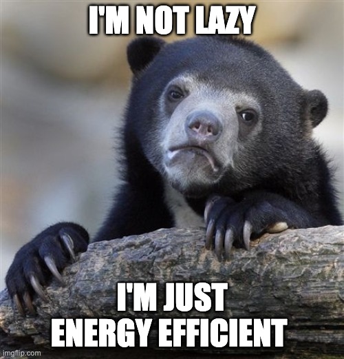 Is he lazy? | I'M NOT LAZY; I'M JUST ENERGY EFFICIENT | image tagged in memes,confession bear | made w/ Imgflip meme maker
