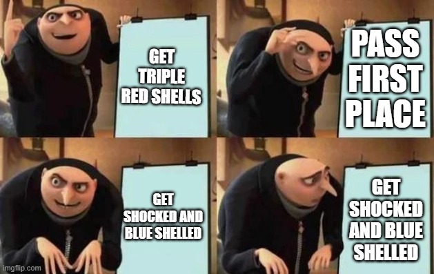 Mario Kart 8 Deluxe be like | GET TRIPLE RED SHELLS; PASS FIRST PLACE; GET SHOCKED AND BLUE SHELLED; GET SHOCKED AND BLUE SHELLED | image tagged in gru's plan | made w/ Imgflip meme maker