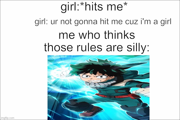 that is a dumb rule | girl:*hits me*; girl: ur not gonna hit me cuz i'm a girl; me who thinks those rules are silly: | image tagged in mha,boys vs girls | made w/ Imgflip meme maker