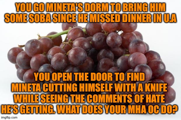 Another Mha P.OV | YOU GO MINETA'S DORM TO BRING HIM SOME SOBA SINCE HE MISSED DINNER IN U.A; YOU OPEN THE DOOR TO FIND MINETA CUTTING HIMSELF WITH A KNIFE WHILE SEEING THE COMMENTS OF HATE HE'S GETTING. WHAT DOES YOUR MHA OC DO? | image tagged in grapes | made w/ Imgflip meme maker