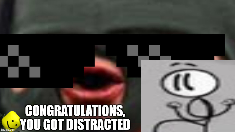 Congrats! | CONGRATULATIONS, YOU GOT DISTRACTED | image tagged in oof,distraction,funny memes,deal with it,congratulations | made w/ Imgflip meme maker