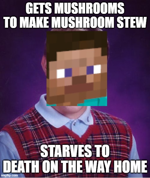 Hard Mode Hunger | GETS MUSHROOMS TO MAKE MUSHROOM STEW; STARVES TO DEATH ON THE WAY HOME | image tagged in memes,bad luck brian,minecraft | made w/ Imgflip meme maker