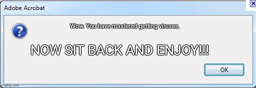 Error Message | Wow. You have mastered getting viruses. NOW SIT BACK AND ENJOY!!! | image tagged in error message,fuck you,wtf,hell yeah,virus | made w/ Imgflip meme maker