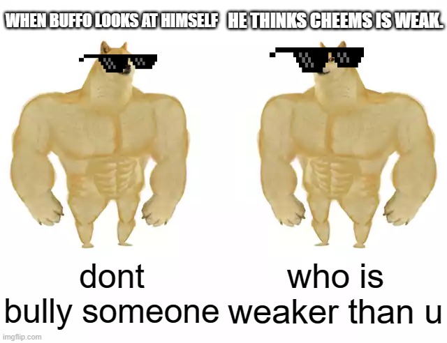 Buffo boi | WHEN BUFFO LOOKS AT HIMSELF; HE THINKS CHEEMS IS WEAK. dont bully someone; who is weaker than u | image tagged in buff doge vs buff doge | made w/ Imgflip meme maker