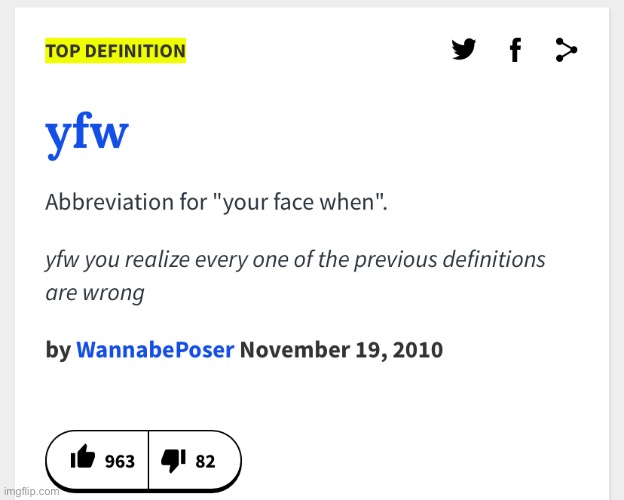 YFW means this, and not other purported definitions, such as “you fucking whore.” | image tagged in yfw definition,fucking,whore,your face when,definition,urban dictionary | made w/ Imgflip meme maker