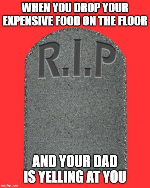 RIP tombstone | WHEN YOU DROP YOUR EXPENSIVE FOOD ON THE FLOOR; AND YOUR DAD IS YELLING AT YOU | image tagged in rip tombstone | made w/ Imgflip meme maker