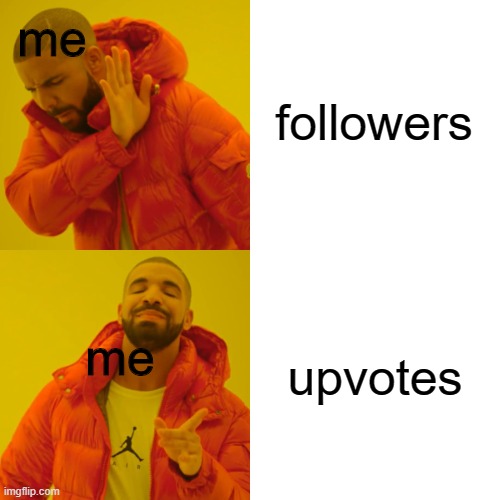 title | followers; me; upvotes; me | image tagged in memes,drake hotline bling | made w/ Imgflip meme maker