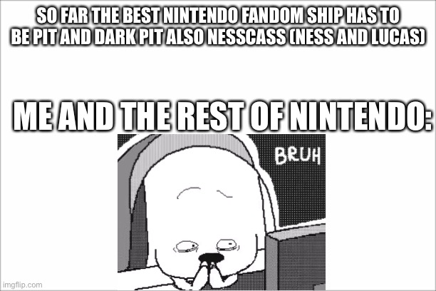 Like who the heck makes Lucas and ness ships, their literally just like 12, oh and don’t get me started with pit and dark pit | SO FAR THE BEST NINTENDO FANDOM SHIP HAS TO BE PIT AND DARK PIT ALSO NESSCASS (NESS AND LUCAS); ME AND THE REST OF NINTENDO: | image tagged in white screen,bruh | made w/ Imgflip meme maker