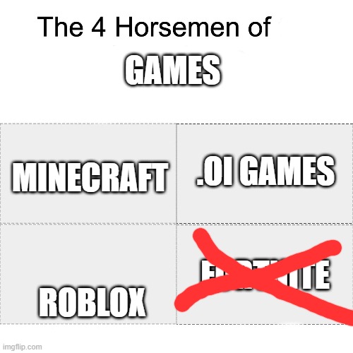 Four horsemen | GAMES; .OI GAMES; MINECRAFT; FORTNITE; ROBLOX | image tagged in four horsemen | made w/ Imgflip meme maker
