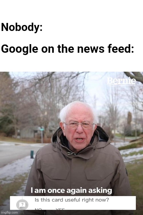 Bernie I Am Once Again Asking For Your Support Meme | Nobody:; Google on the news feed: | image tagged in memes,bernie i am once again asking for your support | made w/ Imgflip meme maker