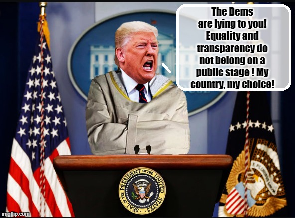 Poor Donny. Saying the quiet part out loud...again | The Dems are lying to you! Equality and transparency do not belong on a public stage ! My country, my choice! | image tagged in donald trump is an idiot,trump is a moron,election 2020 | made w/ Imgflip meme maker