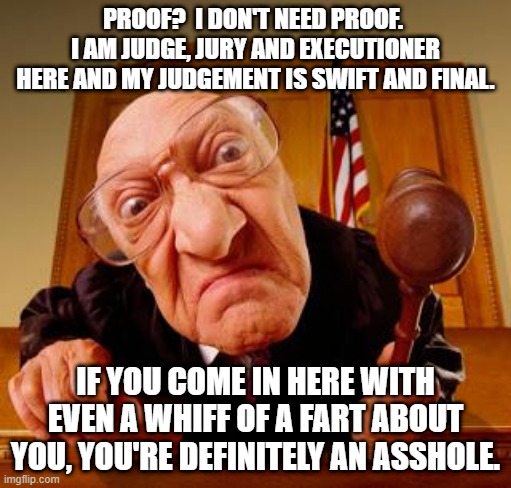 You've been judged | PROOF?  I DON'T NEED PROOF.  I AM JUDGE, JURY AND EXECUTIONER HERE AND MY JUDGEMENT IS SWIFT AND FINAL. IF YOU COME IN HERE WITH EVEN A WHIFF OF A FART ABOUT YOU, YOU'RE DEFINITELY AN ASSHOLE. | image tagged in mean judge | made w/ Imgflip meme maker