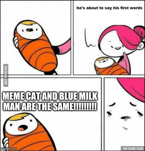 He is About to Say His First Words | MEME CAT AND BLUE MILK MAN ARE THE SAME!!!!!!!!! | image tagged in he is about to say his first words | made w/ Imgflip meme maker