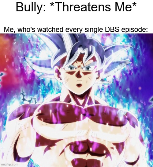 Try Me | Bully: *Threatens Me*; Me, who's watched every single DBS episode: | image tagged in ultra instinct | made w/ Imgflip meme maker
