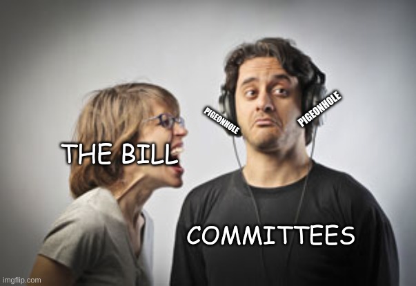 Committees and Pigeonhole Civics and Economics Class | PIGEONHOLE; PIGEONHOLE; THE BILL; COMMITTEES | image tagged in ignoring | made w/ Imgflip meme maker