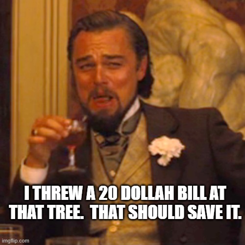 Laughing Leo Meme | I THREW A 20 DOLLAH BILL AT THAT TREE.  THAT SHOULD SAVE IT. | image tagged in laughing leo | made w/ Imgflip meme maker