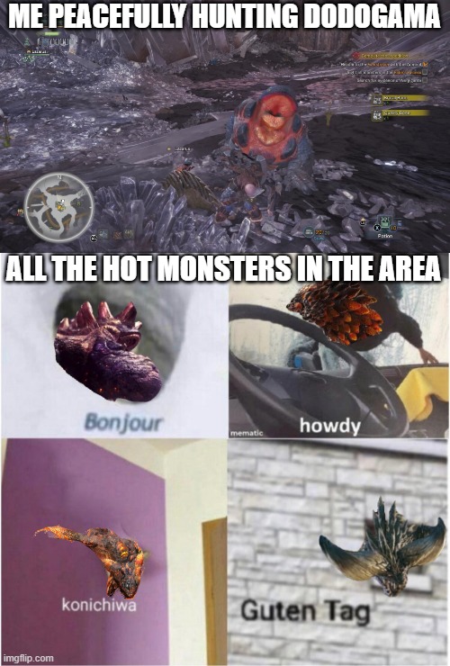why i can't hunt monsters 1 by 1 ?? :'( | ME PEACEFULLY HUNTING DODOGAMA; ALL THE HOT MONSTERS IN THE AREA | image tagged in bonjour guten tag,monster hunter | made w/ Imgflip meme maker
