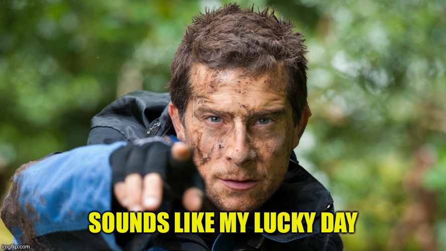 Bear Grylls | SOUNDS LIKE MY LUCKY DAY | image tagged in bear grylls | made w/ Imgflip meme maker