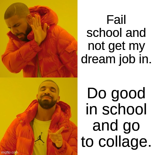 Drake Hotline Bling | Fail school and not get my dream job in. Do good in school and go to collage. | image tagged in memes,drake hotline bling | made w/ Imgflip meme maker