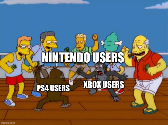 Simpsons Monkey Fight | NINTENDO USERS PS4 USERS XBOX USERS | image tagged in simpsons monkey fight | made w/ Imgflip meme maker