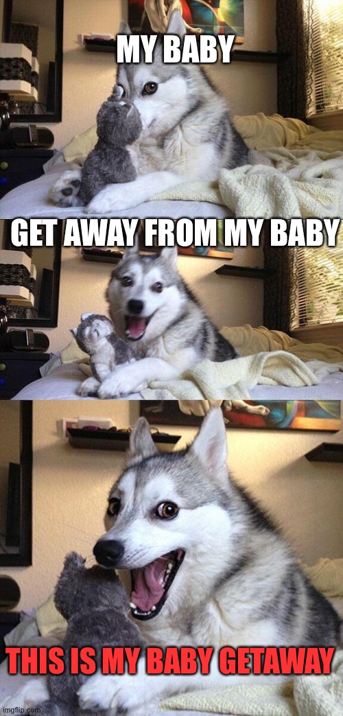 Bad Pun Dog Meme | MY BABY; GET AWAY FROM MY BABY; THIS IS MY BABY GETAWAY | image tagged in memes,bad pun dog | made w/ Imgflip meme maker