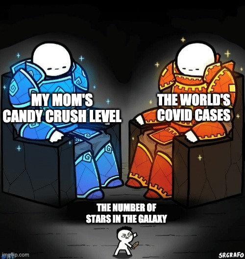 Two giants looking at a small guy | THE WORLD'S COVID CASES; MY MOM'S CANDY CRUSH LEVEL; THE NUMBER OF STARS IN THE GALAXY | image tagged in two giants looking at a small guy | made w/ Imgflip meme maker