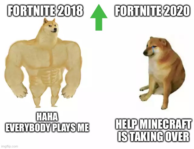 Buff Doge vs. Cheems | FORTNITE 2018; FORTNITE 2020; HAHA EVERYBODY PLAYS ME; HELP MINECRAFT IS TAKING OVER | image tagged in buff doge vs cheems | made w/ Imgflip meme maker