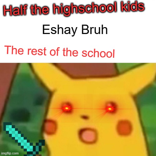 Eshay Bruh | Half the highschool kids; Eshay Bruh; The rest of the school | image tagged in memes,surprised pikachu | made w/ Imgflip meme maker