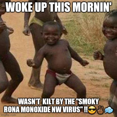 Smoky  NW | WOKE UP THIS MORNIN'; WASN'T  KILT BY THE "SMOKY RONA MONOXIDE NW VIRUS" !!😎✌🏾🌬 | image tagged in memes,third world success kid,smoke,north,west | made w/ Imgflip meme maker