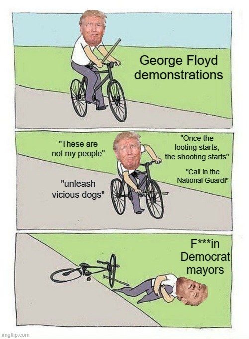 You are only to blame | George Floyd demonstrations; "Once the looting starts, the shooting starts"; "These are not my people"; "Call in the National Guard!"; "unleash vicious dogs"; F***in Democrat mayors | image tagged in bike fall,george floyd,black lives matter,protests,donald trump,trump | made w/ Imgflip meme maker