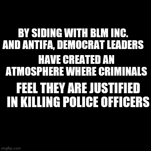 Blank | BY SIDING WITH BLM INC. AND ANTIFA, DEMOCRAT LEADERS; HAVE CREATED AN ATMOSPHERE WHERE CRIMINALS; FEEL THEY ARE JUSTIFIED IN KILLING POLICE OFFICERS | image tagged in blank | made w/ Imgflip meme maker