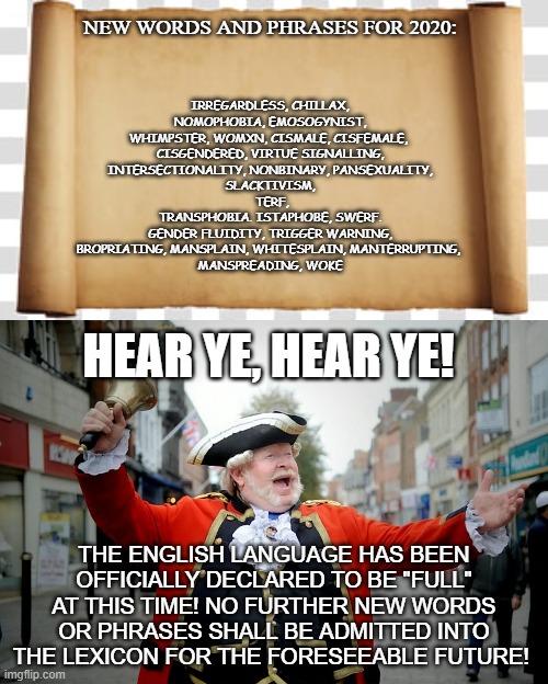 New Words? | HEAR YE, HEAR YE! THE ENGLISH LANGUAGE HAS BEEN OFFICIALLY DECLARED TO BE "FULL" AT THIS TIME! NO FURTHER NEW WORDS OR PHRASES SHALL BE ADMITTED INTO THE LEXICON FOR THE FORESEEABLE FUTURE! | image tagged in political correctness | made w/ Imgflip meme maker