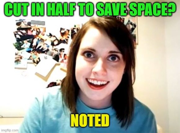 Overly Attached Girlfriend Meme | CUT IN HALF TO SAVE SPACE? NOTED | image tagged in memes,overly attached girlfriend | made w/ Imgflip meme maker