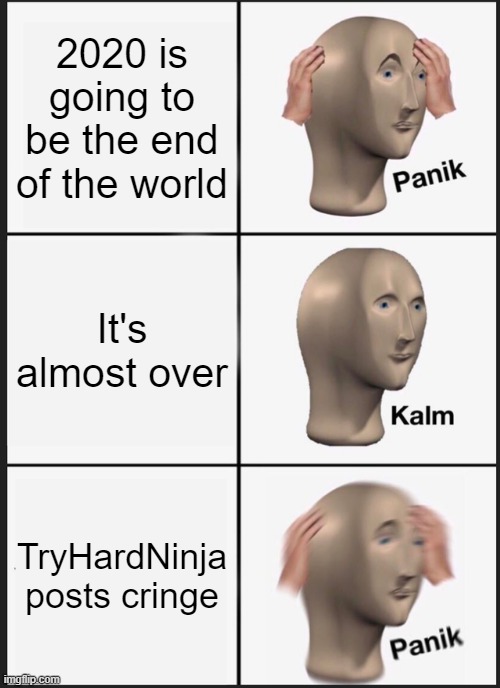 Panik Kalm Panik | 2020 is going to be the end of the world; It's almost over; TryHardNinja posts cringe | image tagged in memes,panik kalm panik | made w/ Imgflip meme maker
