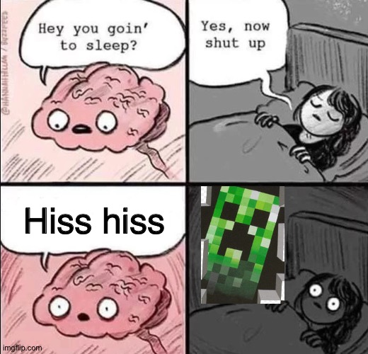 Creeper Sneaks into ur house | Hiss hiss | image tagged in waking up brain,memes,minecraft,creepy,creeper,green | made w/ Imgflip meme maker